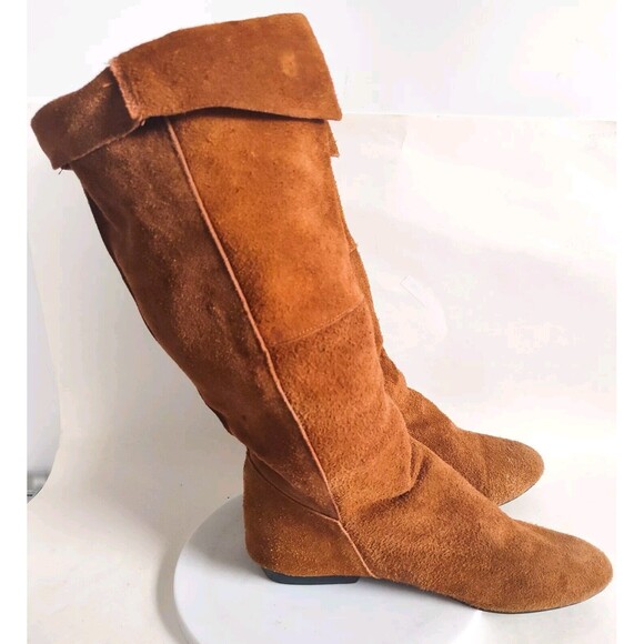 Nuetral Zone Boho Flat Foldover Camel Tan Leather Suede Knee High Boots Size 8 - Picture 1 of 11